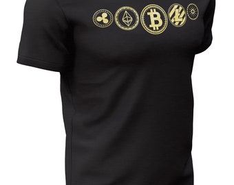 Ripple Cardano Litecoin Bitcoin and Ethereum T-Shirts with Gold Plated Bitcoin Ethereum Coin For Crypto Currency Traders Investors Miners