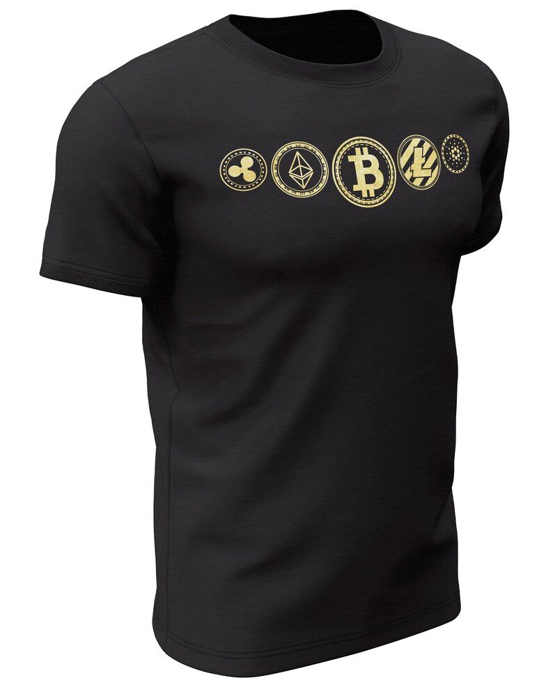 May include: Black t-shirt with a gold graphic of five cryptocurrency coins: Ripple, Ethereum, Bitcoin, Litecoin, and Stellar.