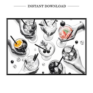 Può includere: Un'illustrazione in bianco e nero di sette cocktail diversi in bicchieri, ognuno con una guarnizione e ghiaccio diversi. I bicchieri sono tenuti da mani, suggerendo una festa o un ritrovo sociale.