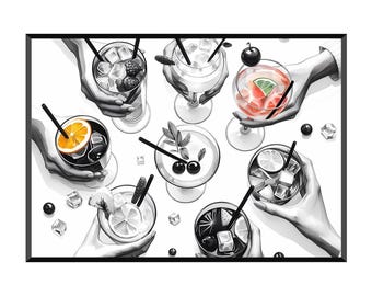 Può includere: Un'illustrazione in bianco e nero di sette cocktail diversi in bicchieri, ognuno con una guarnizione e ghiaccio diversi. I bicchieri sono tenuti da mani, suggerendo una festa o un ritrovo sociale.