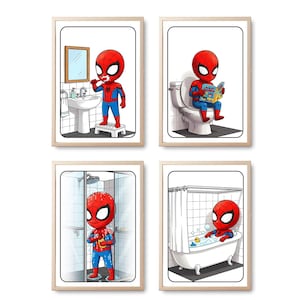 Puede incluir: Conjunto de cuatro láminas enmarcadas que representan a Spider-Man en diversas actividades de baño. Uno lo muestra cepillándose los dientes, otro leyendo en el inodoro, duchándose y bañándose. Cada lámina tiene un fondo blanco y un marco de madera clara.