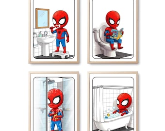 Superhero Kids Bathroom Sign Set | Funny Restroom Art | Set of 4 | Spiderman | NT