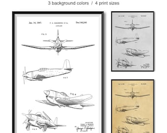 Airplane Patent Art Print 1947, Aviation Wall Decor, Vintage Fighter Plane Blueprint, Pilot Gift, Industrial Office Wall Art