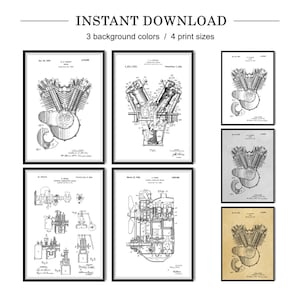 Puede incluir: Conjunto de seis impresiones vintage de patentes de motores de motocicleta. Las impresiones son dibujos de línea en blanco y negro de diferentes diseños de motores. Las impresiones están enmarcadas en marcos negros y tienen un fondo blanco.