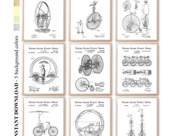 Set of 9 Bicycle & Unicycle Patent Prints, Vintage Cycling Wall Art Bundle, Retro Bike Blueprints