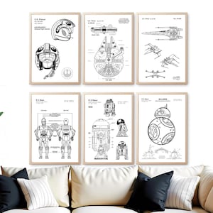 May include: Six framed Star Wars patent prints in black and white. The prints feature schematics of iconic Star Wars vehicles and characters, including the Millennium Falcon, X-wings, and R2-D2. The prints are displayed above a white couch with black and white pillows.