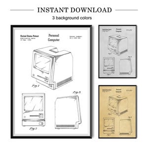 Puede incluir: Un dibujo en blanco y negro de un patente de ordenador personal vintage. La patente se titula "Ordenador personal" e incluye el número de patente "08 2 688 582". El dibujo muestra tres vistas diferentes del ordenador, incluyendo la parte delantera, el lateral y la parte superior.