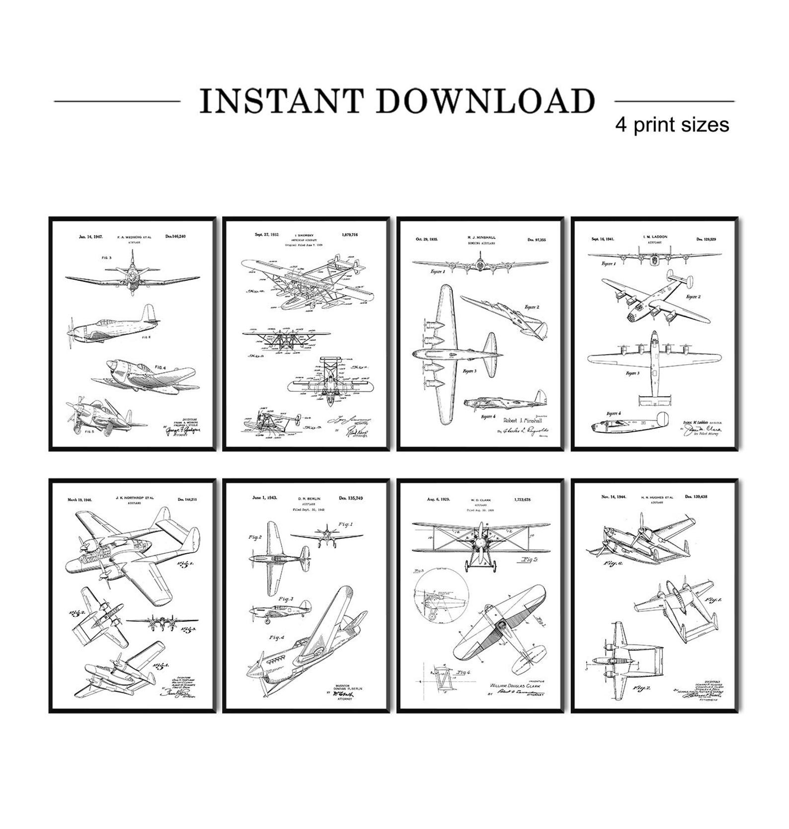 Set of 8 Airplane Patent Prints, Vintage Aviation Wall Art Bundle ...