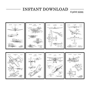 Set di 8 stampe di brevetti di aeroplani d&#39;epoca, poster di progetti di aeromobili