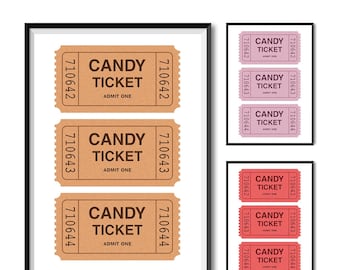 Puede incluir: Tres archivos digitales imprimibles de diseños de boletos de caramelo marrones y rosados. Cada boleto tiene el texto "CANDY TICKET" y "ADMIT ONE" con un número de boleto.