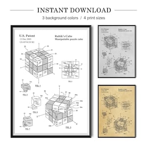 以下が含まれることがあります： ルービックキューブの特許の白黒線画。特許のタイトルは「ルービックキューブ操作可能なパズルキューブ」で、キューブのさまざまな位置を示す図がいくつか含まれています。特許番号はUS 6974130 B2、日付は2005年12月13日です。