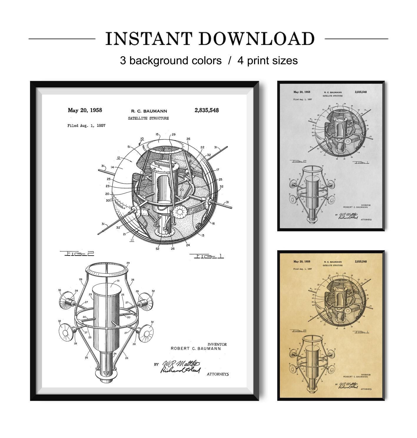 Space Satellite Patent Print, Satellite Blueprint, Space Art Poster