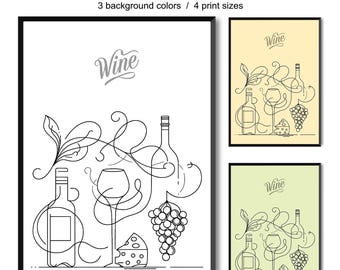 Hand Drawn Wine Poster Digital Download - Kitchen Wall Decor