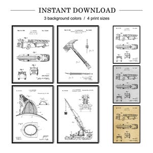 May include: Set of six vintage black and white illustrations of fire fighting equipment. The illustrations are framed in black and have a white background. The illustrations include a fire engine, a fireman's axe, a fireman's helmet, and a fire ladder.