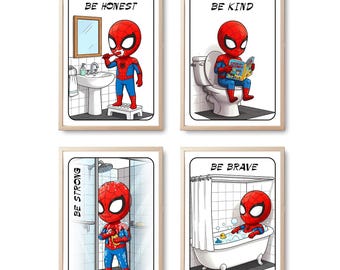 Superhero Kids Bathroom Sign Set | Funny Restroom Art | Set of 4 | Spiderman