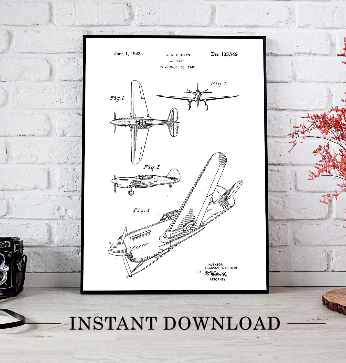 Airplane Patent Art Print 1943, Vintage Aviation Wall Decor, Pilot Gift ...