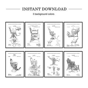 Set of 8 Barbers Chairs Patent Prints | Vintage Barbershop Wall Art