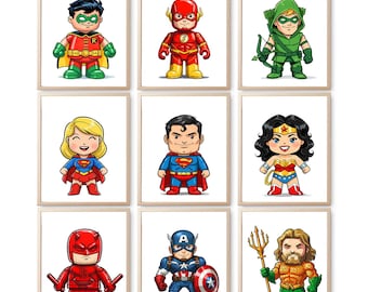 Set van 9 superhelden muurdecoratie - jongenskamerdecoratie | Afdrukbare kunst voor kinderen | 3