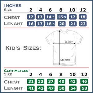 May include: Size chart for kids' clothing in inches and centimeters. The chart shows chest and length measurements for sizes 2 through 12. The chart includes a diagram of a t-shirt with the chest and length measurements labeled.
