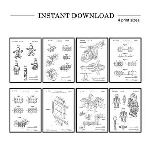 Puede incluir: Un conjunto de ocho dibujos de patentes imprimibles en blanco y negro para bloques de construcción LEGO. Los dibujos muestran diferentes diseños LEGO, incluyendo un helicóptero, un robot y una persona. Los dibujos están etiquetados con el número de patente y la fecha.