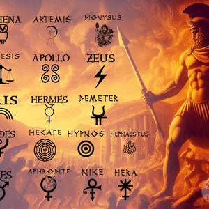 May include: A graphic illustration of the Greek gods and goddesses with their symbols. The image features Zeus, Athena, Apollo, Artemis, Hermes, Hades, Ares, Aphrodite, Demeter, Dionysus, Hecate, Hephaestus, Hera, Hypnos, Iris, Nemesis, and Nike.