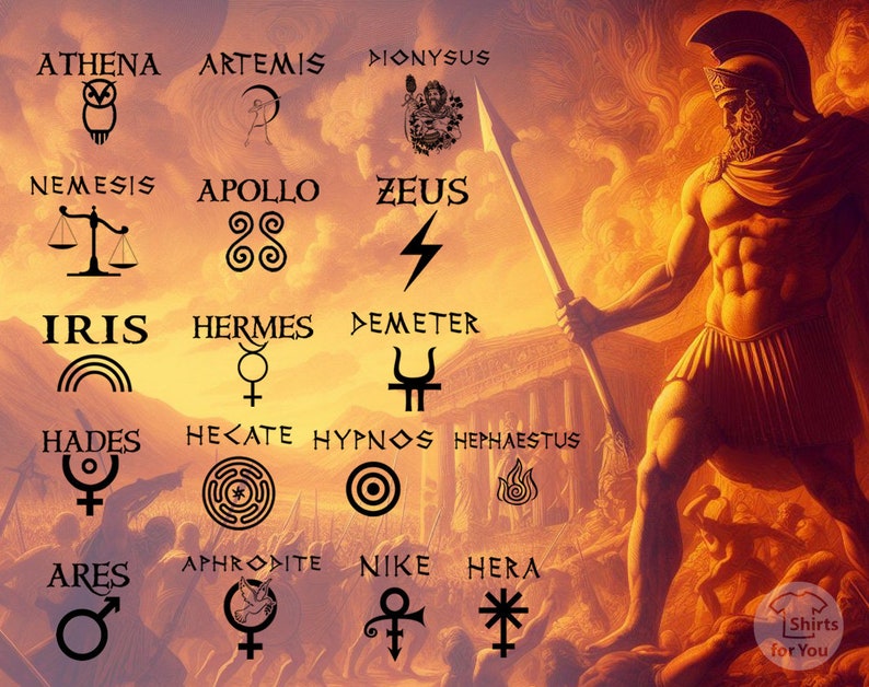 May include: A graphic illustration of the Greek gods and goddesses with their symbols. The image features Zeus, Athena, Apollo, Artemis, Hermes, Hades, Ares, Aphrodite, Demeter, Dionysus, Hecate, Hephaestus, Hera, Hypnos, Iris, Nemesis, and Nike.