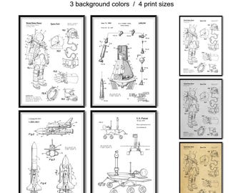 Set of 4 Space Patent Prints, Space Capsule, Mars Rover, Shuttle