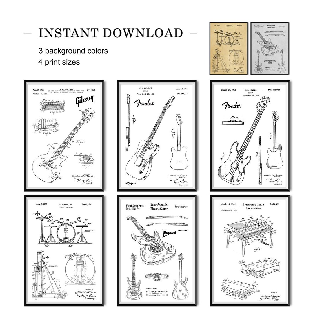 Set of 6 Musical Instruments Patent Posters, Electric Guitar Patent ...