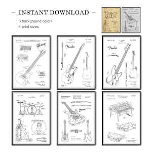 Set of 6 Music Instrument Patents – Electric Guitar, Piano & Drums