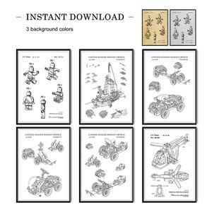 May include: A set of six black and white printable patent drawings of Lego building blocks. The drawings show different Lego models, including a figure, a boat, a car, a helicopter, and a robot. The drawings are labelled with the text "United States Patent Office".