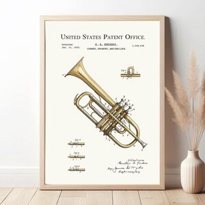 Op de afbeelding: Ingelijste patentillustratie van een kornet, trompet en soortgelijke instrumenten. De tekening is in sepiatinten, met gedetailleerde diagrammen en de tekst "United States Patent Office" en "G.A. Enders". De lijst is licht van kleur.