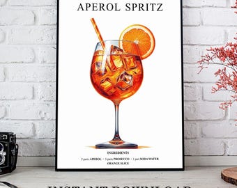 Lámina artística de Aperol Spritz: póster retro de cócteles, decoración de bar italiano