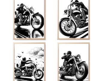 Juego de 4 pósteres de motocicletas vintage: arte mural retro de motos, regalos para motociclistas