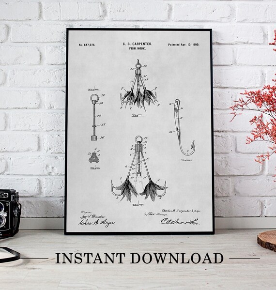 Vintage Fish Hook Patent Print, Fishing Wall Art, Fisherman Gift Vintage Fish Hook Patent Print, Fishing Wall Art, Fisherman Gift