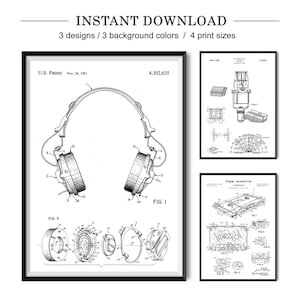 Set van 3 muziekoctrooiposters – hoofdtelefoon, microfoon en tapecassette