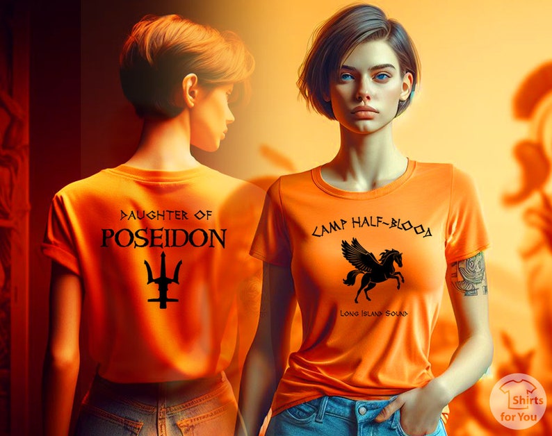 Orange 'Daughter of Poseidon' t-shirt for Cabin Three fans, showing a Greek mythology-inspired logo of Poseidon with his trident and sea waves.