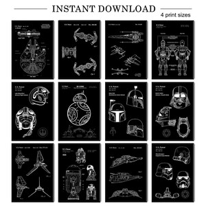 Könnte beinhalten: Ein Set mit 12 schwarz-weißen, druckbaren Postern zum Thema Star Wars. Jedes Poster zeigt einen anderen Charakter oder ein anderes Fahrzeug aus dem Star Wars-Universum, darunter der Millennium Falcon, Darth Vader, R2-D2 und Boba Fett. Die Poster sind so gestaltet, dass sie wie alte Patentzeichnungen aussehen.