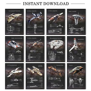 Peut inclure: Un ensemble de 12 plans de vaisseaux spatiaux Star Wars imprimables. Chaque plan présente un vaisseau spatial différent de l'univers Star Wars, y compris le X-Wing, le Millennium Falcon et le TIE Fighter. Les plans sont en noir et blanc avec un fond gris.