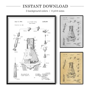 May include: A framed print set featuring a detailed technical drawing of a space capsule, with the NASA logo. The print includes diagrams and labels, available in three background colors and four print sizes.