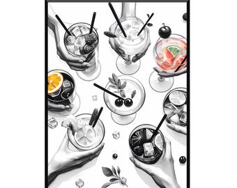Può includere: Un'illustrazione in bianco e nero di sette cocktail diversi con vari frutti e guarnizioni. I cocktail sono disposti in cerchio su uno sfondo bianco.