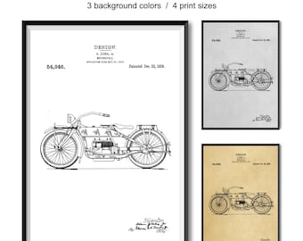 Impresión artística de patente de motocicleta de 1919, plano de motocicleta vintage, regalo para moteros, decoración de pared de garaje