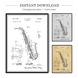 Pode incluir: Um desenho a preto e branco de uma patente de saxofone. A patente é intitulada "Saxophone" e o número de patente é 2.474.836. A patente foi apresentada em 29 de setembro de 1945 e foi concedida em 5 de julho de 1949. A patente foi apresentada por E. J. Gillespie.