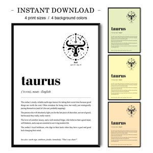 Taurus Definition Print | Zodiac Decor | Birthday Gift | Zodiac Poster