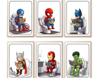 Conjunto de placas de banheiro infantil com tema de super-heróis | Arte divertida para banheiro | Conjunto com 6 peças | NT