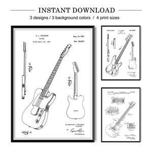 Conjunto de 3 carteles de patentes de guitarras: guitarra eléctrica y planos