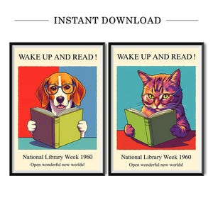 Wake Up and Read! | Cat and Dog Reading Posters | National Library Week 1960