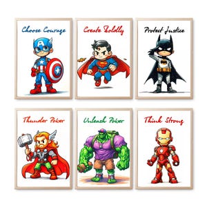 Set of 6 Superhero Wall Art with Affirmations | Superhero Nursery Art Set of 6