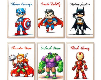 Láminas artísticas con afirmaciones de superhéroes: Set de 6 para decoración infantil (descarga digital)