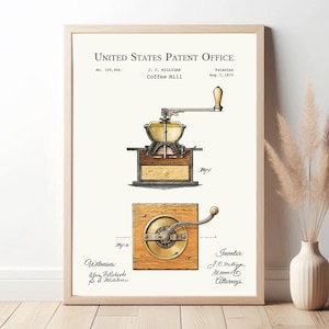 Vintage Coffee Mill Patent Print, Kitchen Wall Art, Cafe Decor, Father's Day Gift, Coffee Lover Art