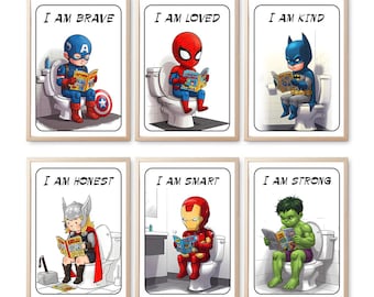 Superhero Kids Bathroom Sign Set | Funny Restroom Art | Set of 6